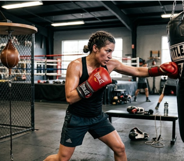 Athlete punching heavy boxing bag.