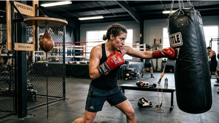 Athlete punching heavy boxing bag.