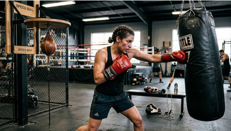Athlete punching heavy boxing bag.