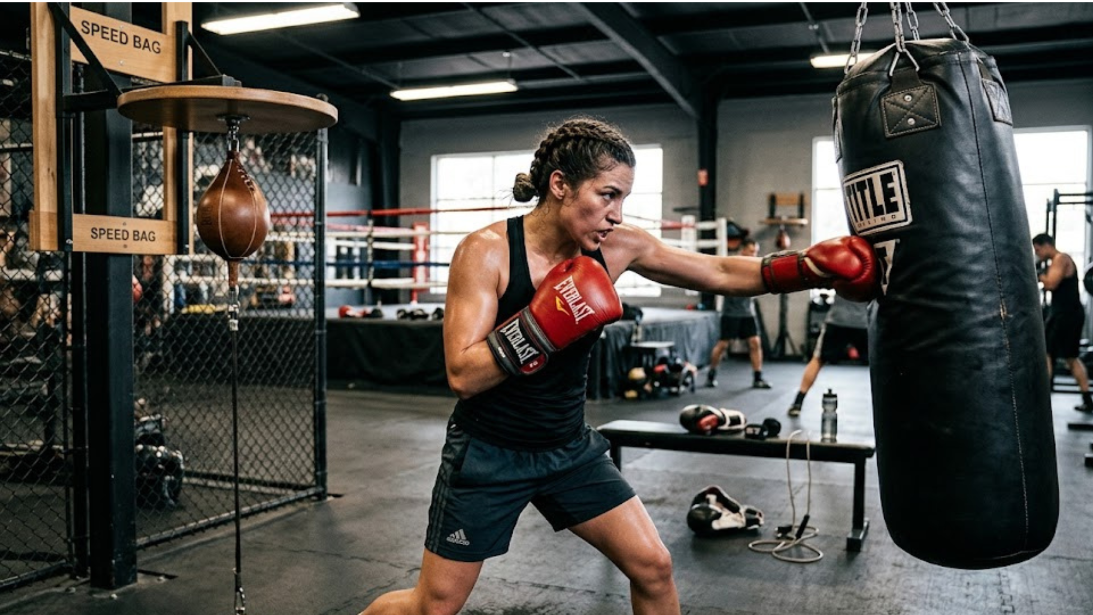 Athlete punching heavy boxing bag.